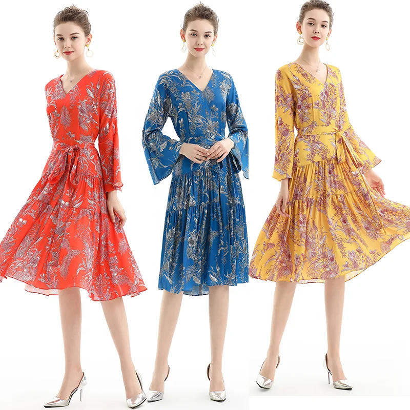 

D057 Floral dress ladis elegant Flared sleeves office floral dress women