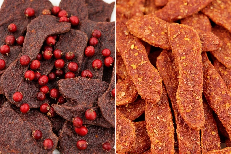 Side-by-side comparison of high-quality pepper beef jerky with visible peppercorns versus low-quality jerky with uniform color and no visible seasoning