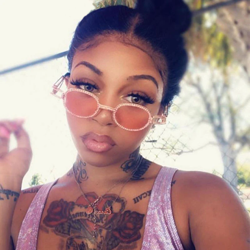 

GV89632 New Vintage Small Oval Colorful Transparent Luxury Fashion Rhinestone Sunglasses, As picture