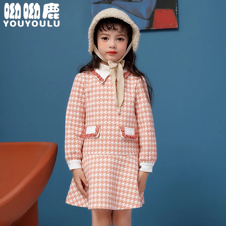 

Party children wear kids Clothes Dress Little Girl Knitted print Houndstooth baby dress, Pink