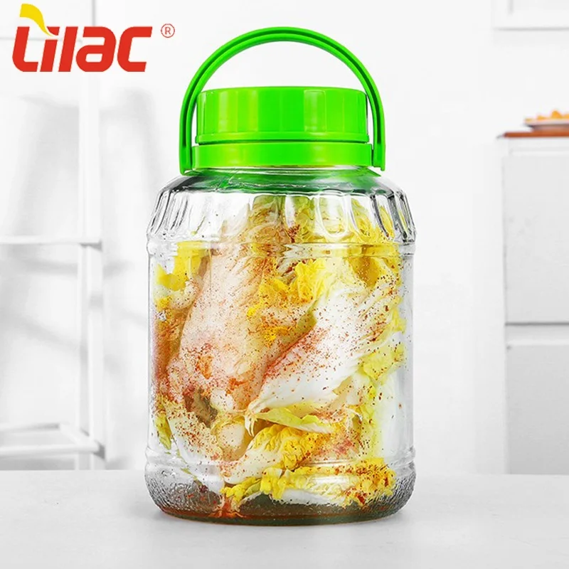 

Lilac German Quality 3L 5L big screw cap container embossed glass packaging food jar for storage with plastic lid, Green