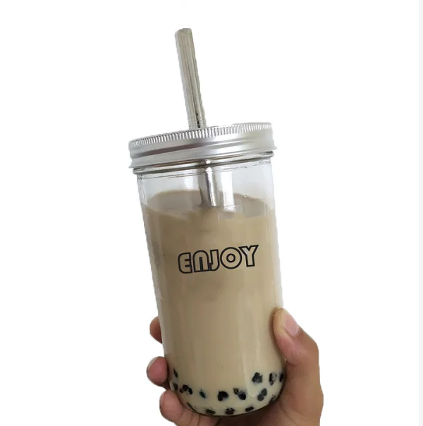 

24oz reusable wide mouth boba tea jar16oz bubble tea glass mason jar straw tumbler insulated plastic travel mug, Customized color