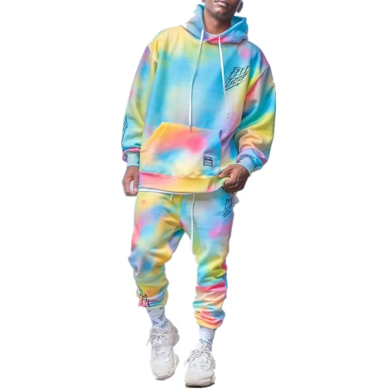 

Sports and leisure hooded pullover sweater tie-dye personality gradient color Suits for men