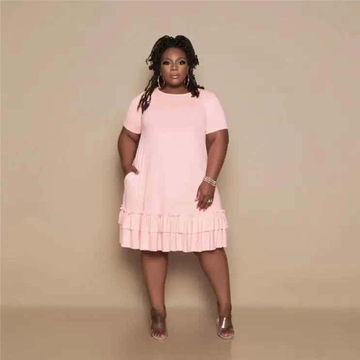 

MISSMOEN Lowest Price Round Neck Short Sleeve Ruffles Hem Plus Size Solid Clothing Women Casual Big Size Dresses