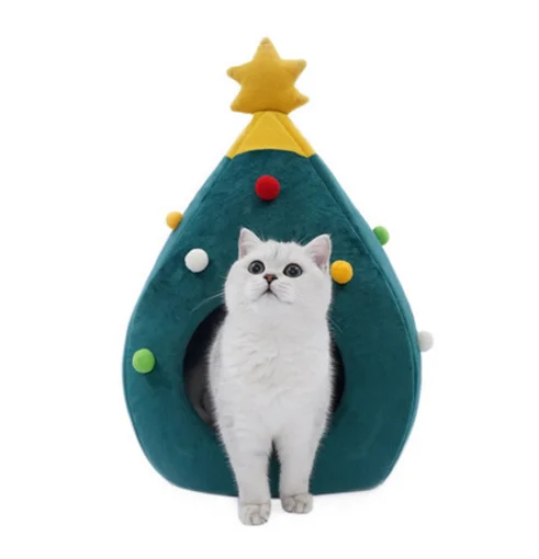 

Christmas Tree Shaped Cat Bed All Seasons Used Pet House Cat Bed Felt Cat House, Dark green