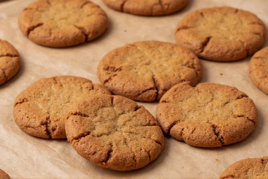 Close-up of perfectly baked ginger molasses cookies with crackled tops on parchment paper