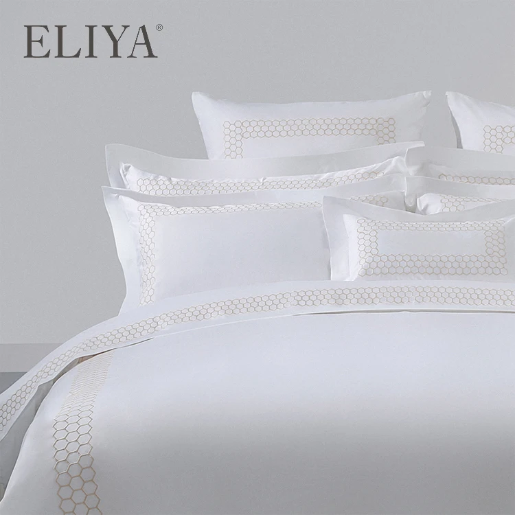 

ELIYA Wholesale 5 Star White Embroidery Egyptian 100% Cotton King Hotel Quilt Cover Bed Linen Sheet Bedding Set 7 Pieces