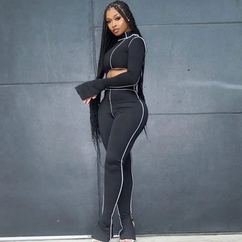 

one shoulder women 2 piece outfits full sleeve asymmetry top+sporty leggings matching set striped skinny skinny, Black