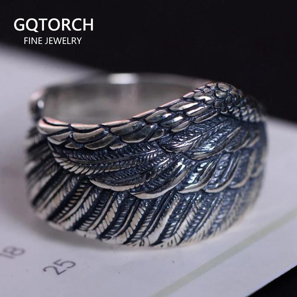 

Genuine 925 Sterling Silver Biker Rings For Men And Women Vintage Thai Silver Feather Rings Resizable Punk Jewelry