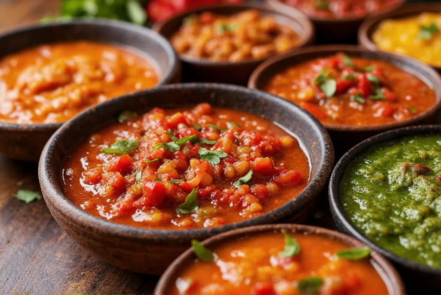 Colorful array of regional Indian chutneys showing different textures and ingredients