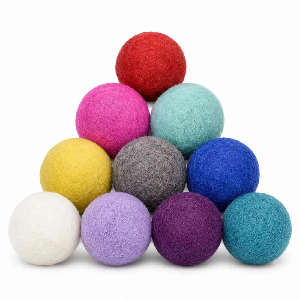 Twelve colored wool dryer balls stacked in a pyramid on a white background, including red, pink, mint, yellow, grey, blue, lavender and teal