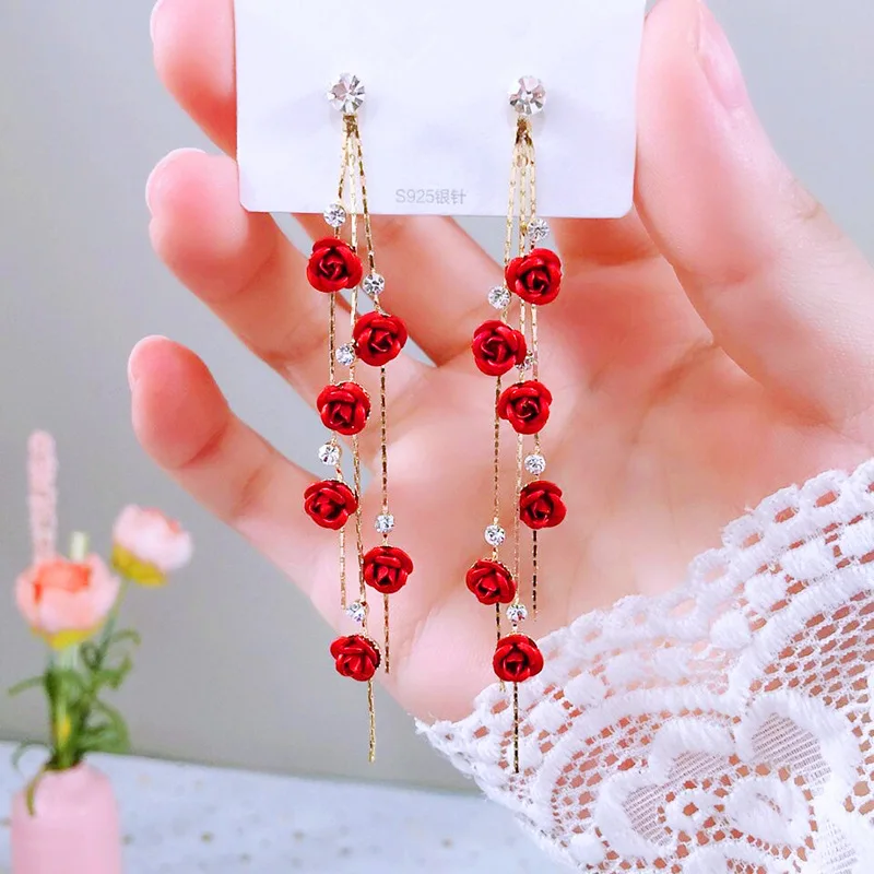 

Dainty Rose Flower Rhinestone Long Tassel Drop Earrings For Women Flower Dangle Earring Fashion Jewelry