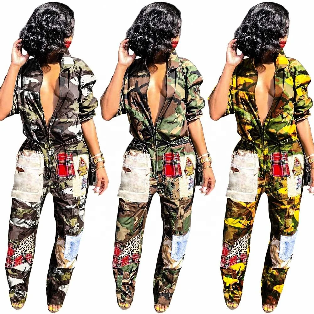 

Sn3454d Winter New Ladies Camouflage Print Jumpsuit Personality Stitching Long Sleeved Sexy Women