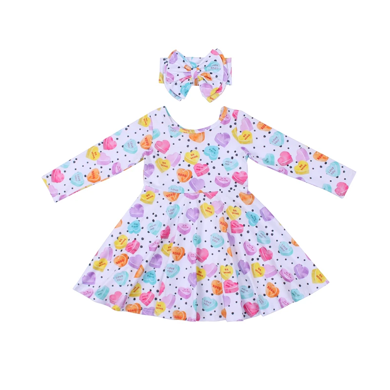 

New Style Long Sleeve Children Boutique Clothing Girl Valentine's Day Twirl Dress With Headband