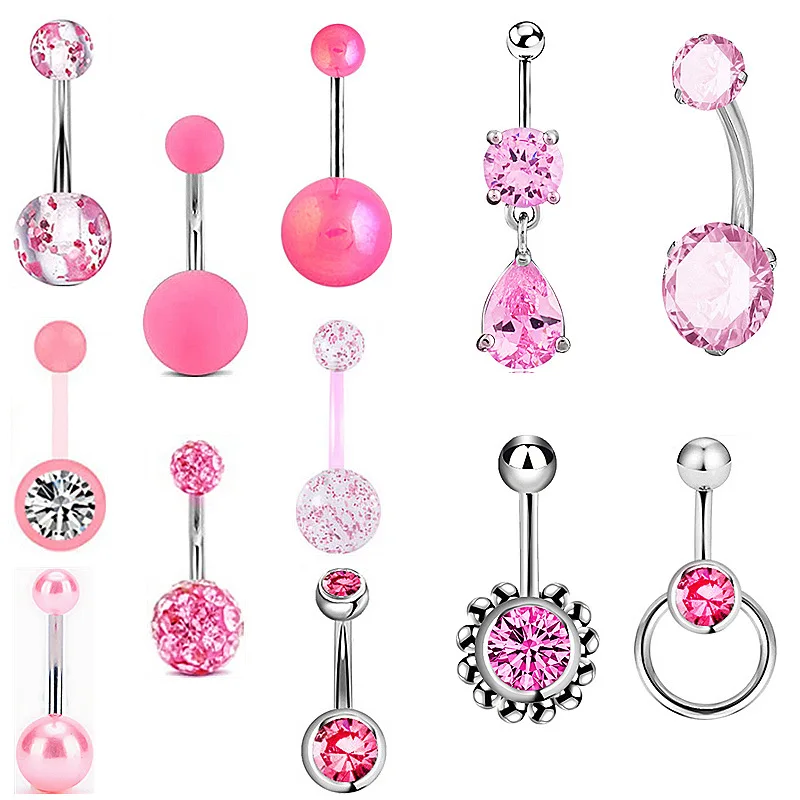 

HOVANCI 12Pcs/Set Dangle Rings Belly Button Ring 5 Navel Sexy Pink Set Stainless Steel Jewelry 14G Belly Body Piercing for Girls, As picture