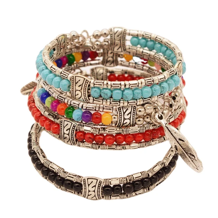 

Boho exaggerated ethnic fashion jewelry bracelet Tibetan silver turquoise bracelet Bohemian feather bracelet