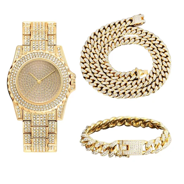 

WJ-6433 Bling Bling 3Pcs/Set Hip Hop Rhinestone Watch And Bracelet Set With Necklace Jewelry Women Bracelets Set, Multi-colors