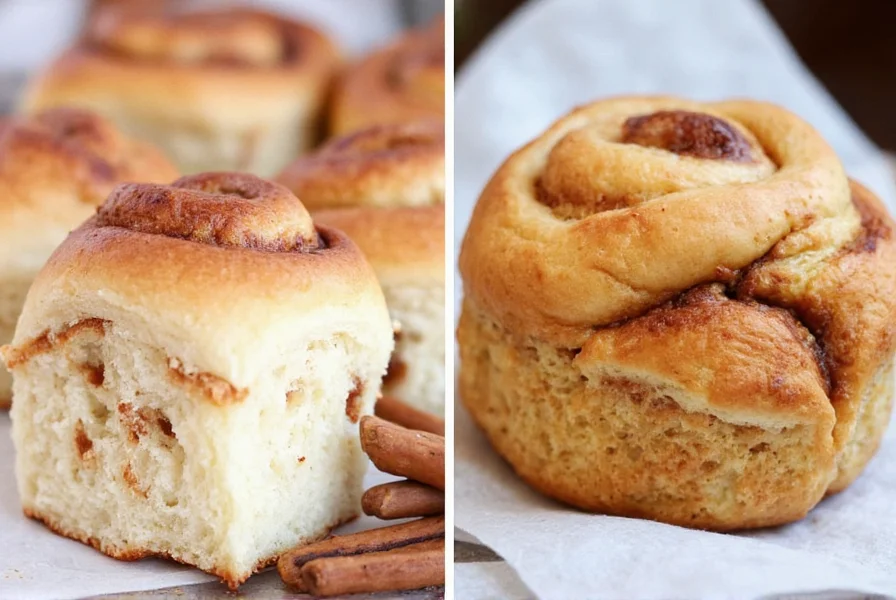 Overhead flat lay of cinnamon rolls with baking ingredients, cinnamon sticks, and coffee cup on wooden table, natural lighting