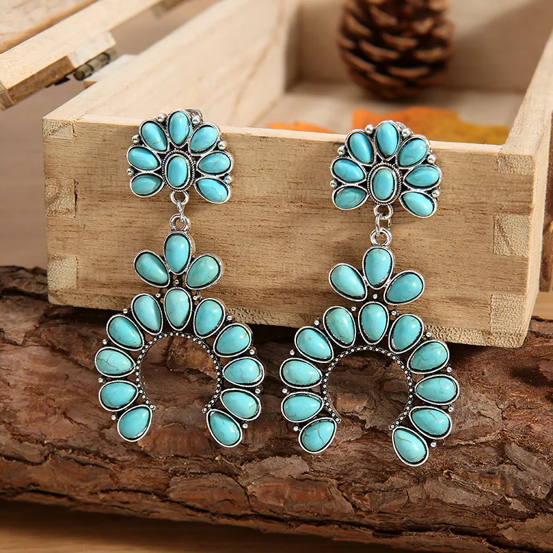 

Western Exaggerated Turquoise New Retro Geometric Earrings For Women Lancui OEM