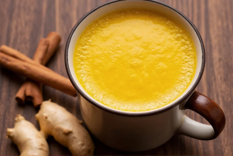 Golden turmeric latte in a ceramic mug with cinnamon stick and fresh ginger