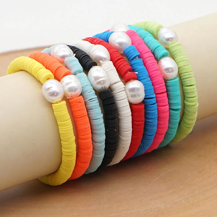 

BB2006 New Arrival Freshwater Pearl Disc Polymer Clay Bead Women Stretch Bracelet, Heishi Ladies Bracelet