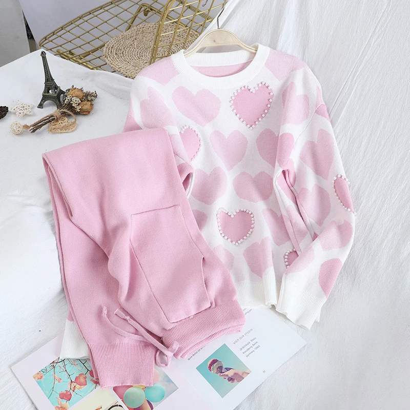 

Autumn and Winter Tracksuit Women's Sweet Love Beaded Pullover Sweater Drawstring Pants Two Piece Set Knit Pants Suit