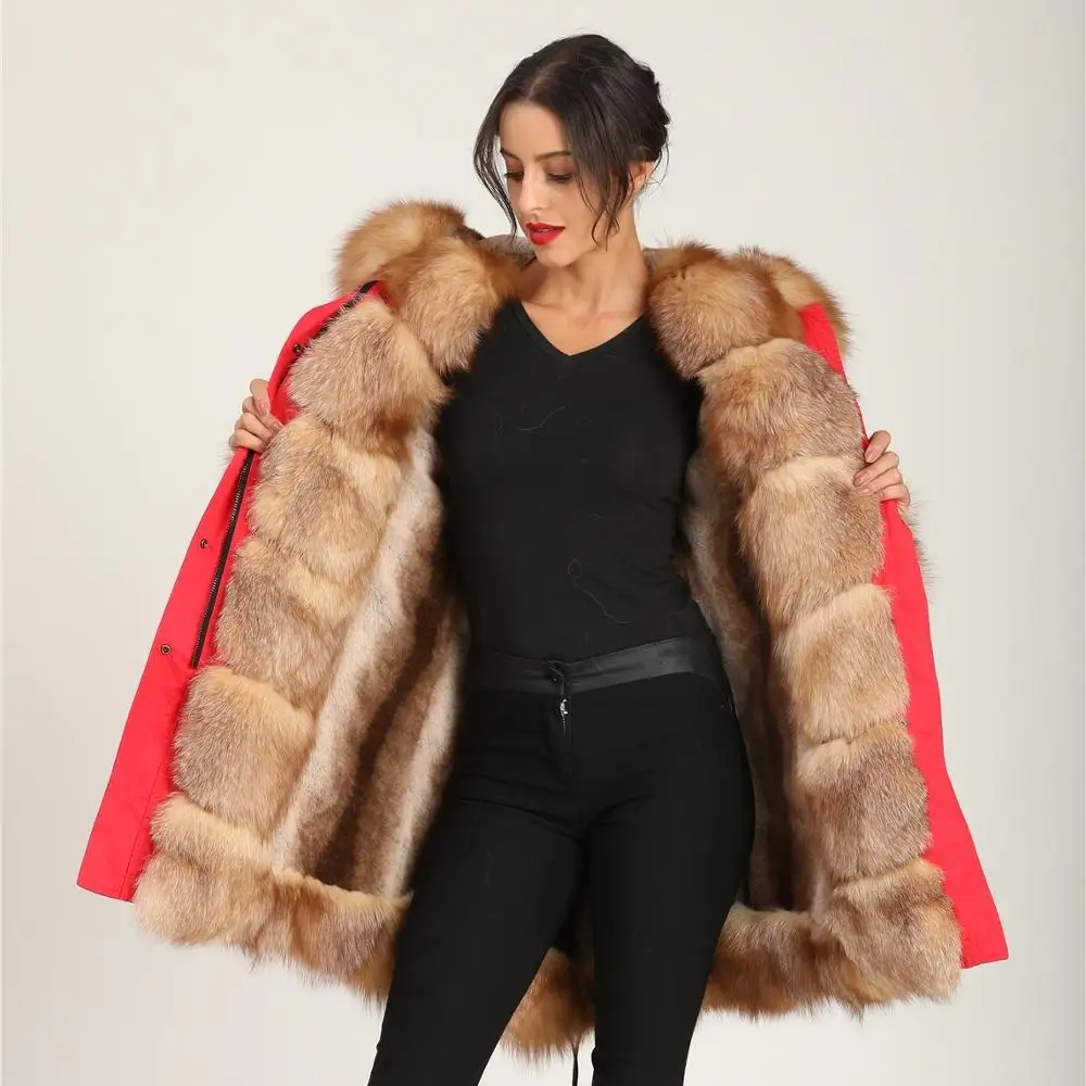 

Ladies Winter New Vintage Luxury Thickening Adjustable Waist Real Fox Fur Collar Long Coat, Rose red