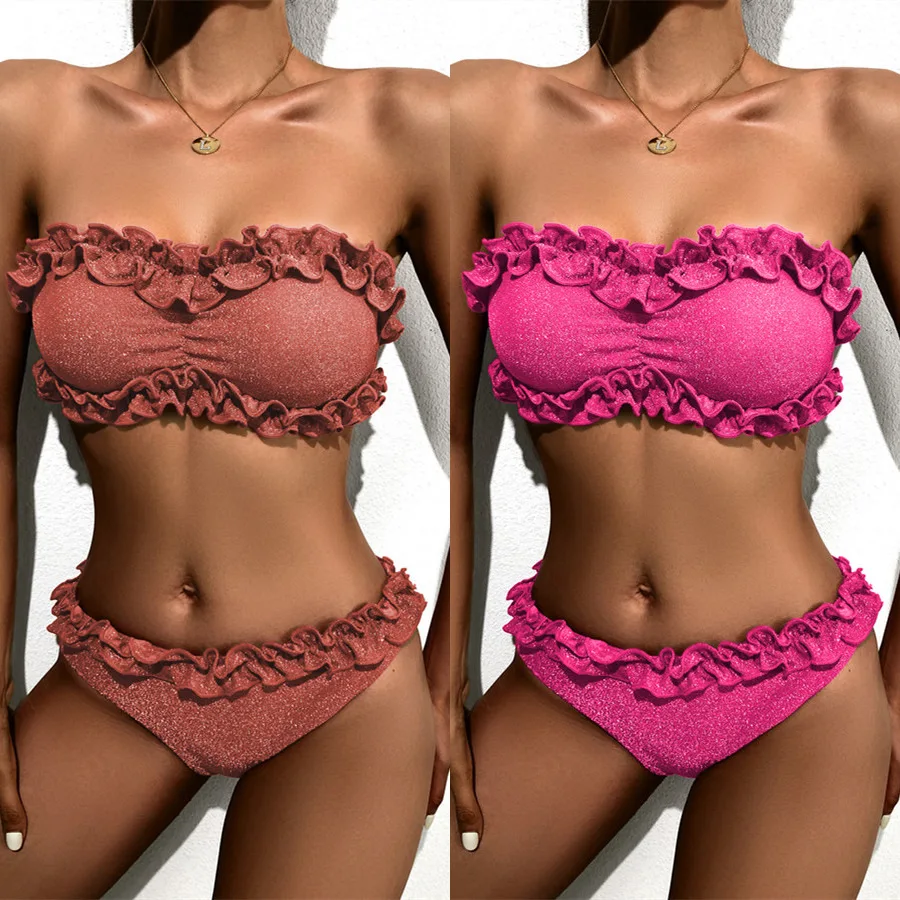 

2023 New Custom Ruffle Sexy Bandeau Bikini Set Luxury Swimsuit Women Swimwear & Beachwear