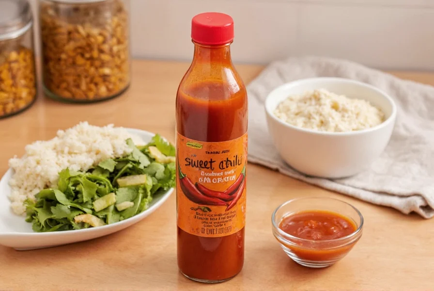 Trader Joe's Sweet Chili Sauce bottle on wooden table with dipping ingredients