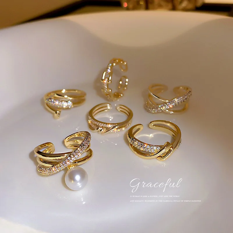 

real gold plated adjustable chunky crystal rings women