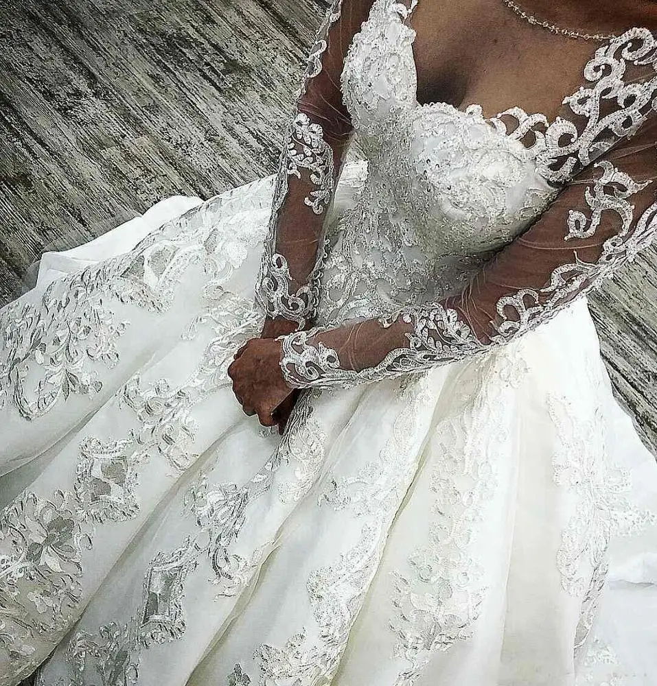 

Hot Sale Lace Up Corset Wedding Dresses 2020 Bridal Ball Gowns Long Sleeves Appliques Custom African Bride Gown, Custom made