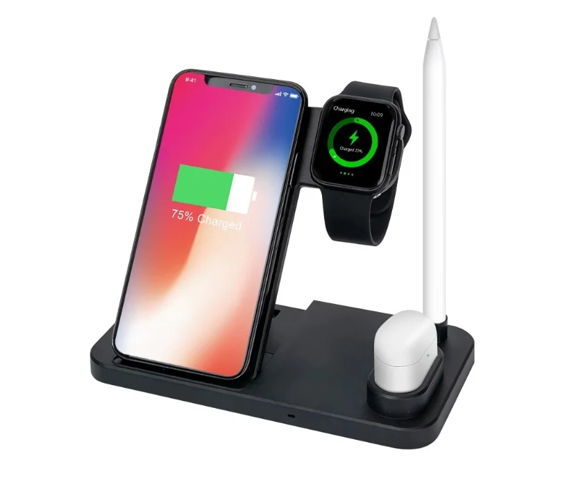 

4 in 1 Qi Phone Holder Fast Charging Station Universal Wireless Charger For Mobile Phones / Smart Watch / AirPods/Apple Pencil, White black