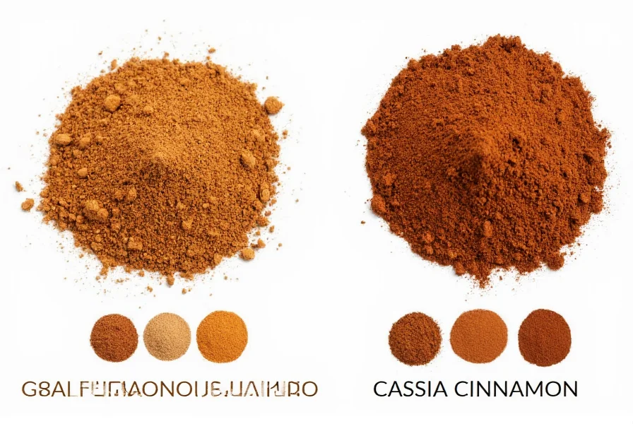 Side-by-side comparison of ground Ceylon cinnamon versus ground cassia cinnamon with color difference indicators