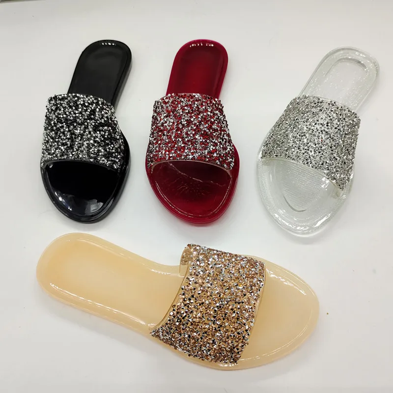 

SD-270 Latest hot selling boutique glitter sequined jelly transparent cross strap open toe slipper for women beach flat sandals, Picture show , squine colors