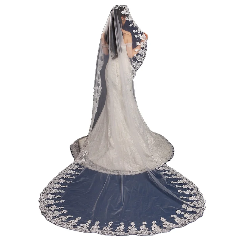 

Wholesale 3D bead flower veils Long lace edge Bridal Veil For Wedding Dress bridal soft tulle face veil for women, Ivory and white