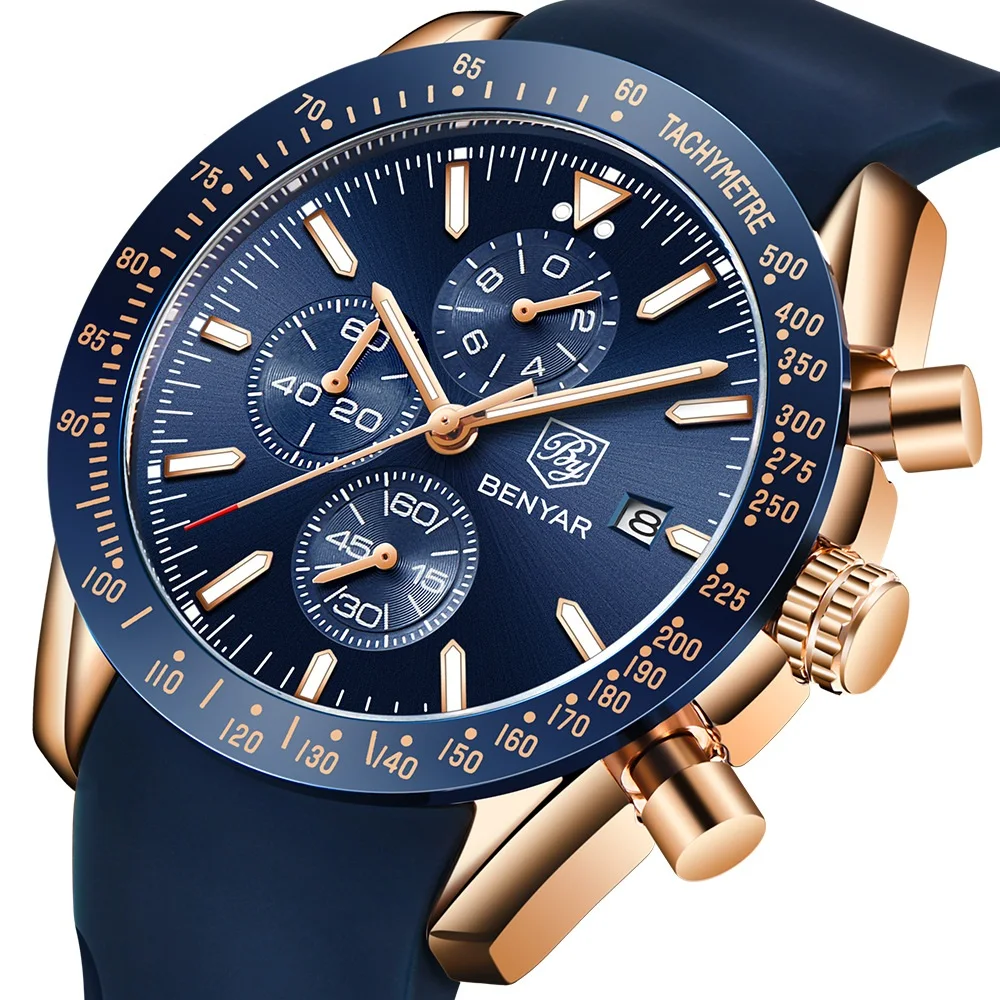 

BENYAR Men Watches 5140 Brand Luxury Silicone&Steel Wristwatches Man Leather Chronograph Quartz Military Watch Relogio Masculino, 6-colors