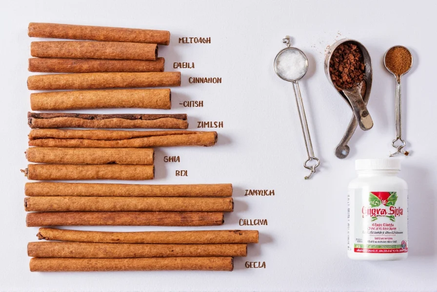 Cinnamon sticks arranged with labels showing cassia versus Ceylon varieties next to measuring spoons and health supplement bottles