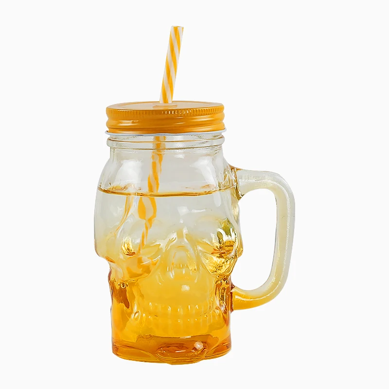 

500ml MultiColor Custom Design Dust Proof Home Office Glass Water Cup Drinking Cup Mugs Skull Shape Mason Jar With Straw Lid