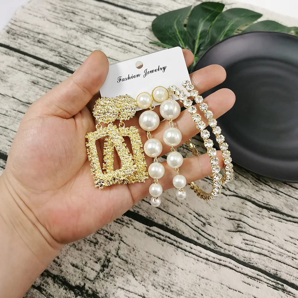 

3pcs/set New Trendy Rihanna Style Big Large Gold Plated Crystal Diamond Hoop Earrings