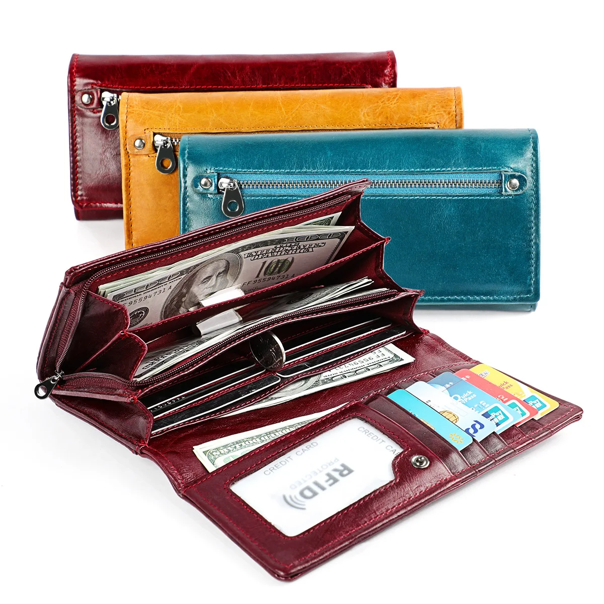 

High Quality RFID Long Wallet Women's Genuine Leather billetera Female Coin Purse Card Holder Money Clips Clutch Purse Wallet, Winered/brown/blue/green