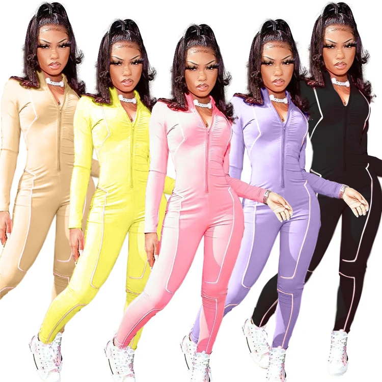 

D95484 Womens full sleeve patchwork fitness bodycon one piece zipper jumpsuit