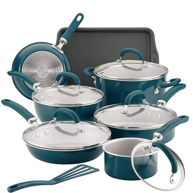 

Hot 14 Pcs cookware set pots and pans non stick kitchen camping cookware sets cooking pot, Pink/green/beige/blue