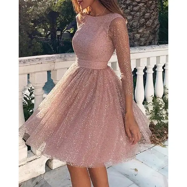

Plus Size Elegant see through Long Sleeve Patchwork High Waist A-Line Evening Dress Women Sequin Cocktail Party Prom Dresses