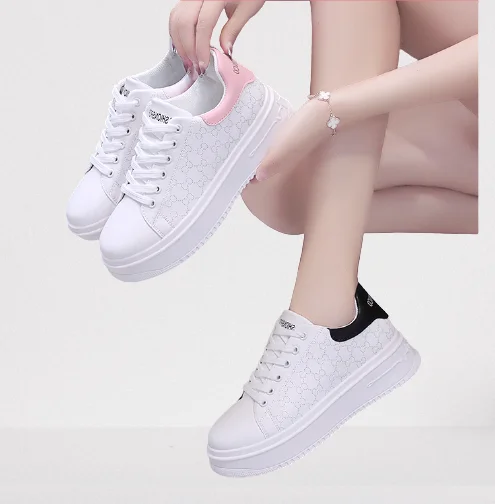 

Spot Women'S Casual Solid Color Flat Lace-Up Sneakers White Shoes Thick Sole Shoes, Gray black white