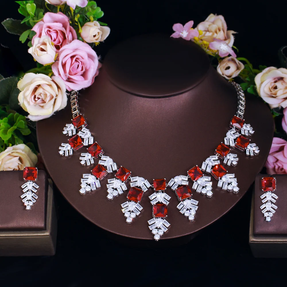 Luxury Exaggerated Women Necklace and Earring Cubic Zircon Elegant Royal Red CZ Jewelry Set for Lady Evening Party