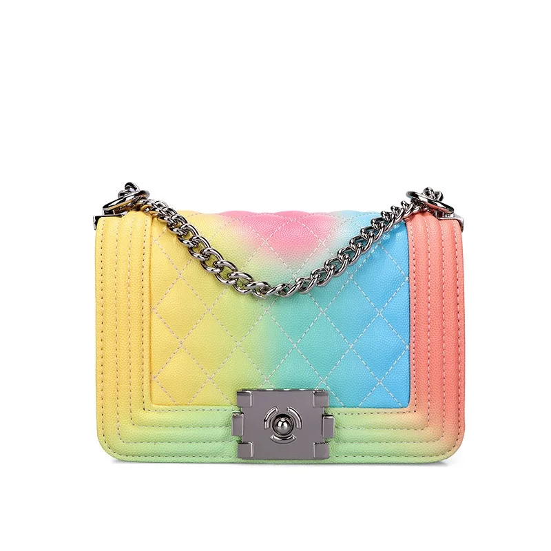 

2022 Hot Colorful Ladies Pvc Jelly Rainbow Beach Shoulder Hand Bags Candy Color Chain Sling Jelly Bag for Girl, Colored