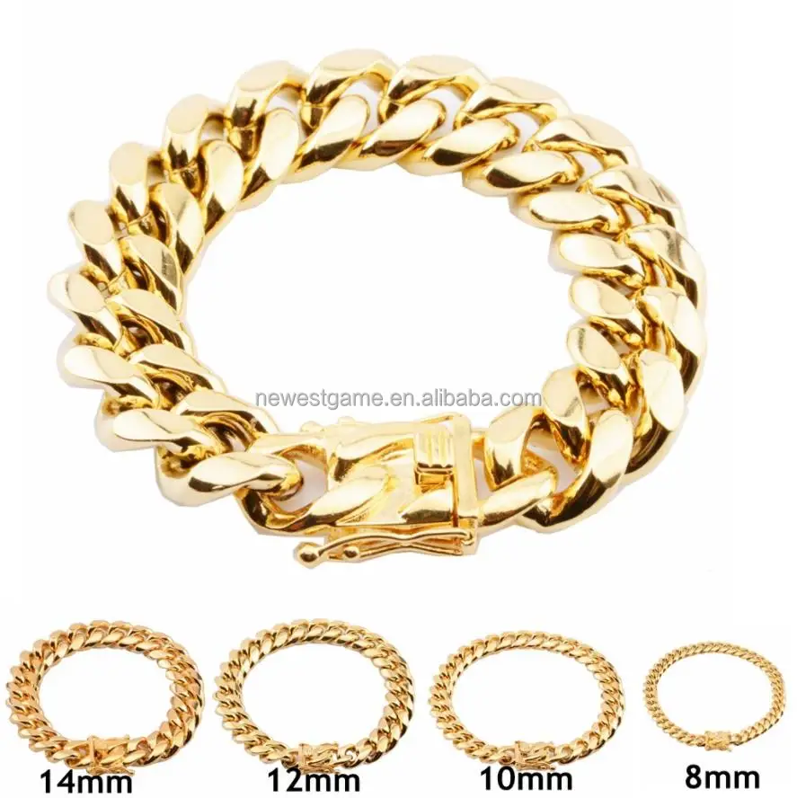 

Unisex 316L Stainless Steel 24K Gold Filled Plated High Polished Cuban Link Miami bracelet For Men Punk Curb Chain Dragon-Beard