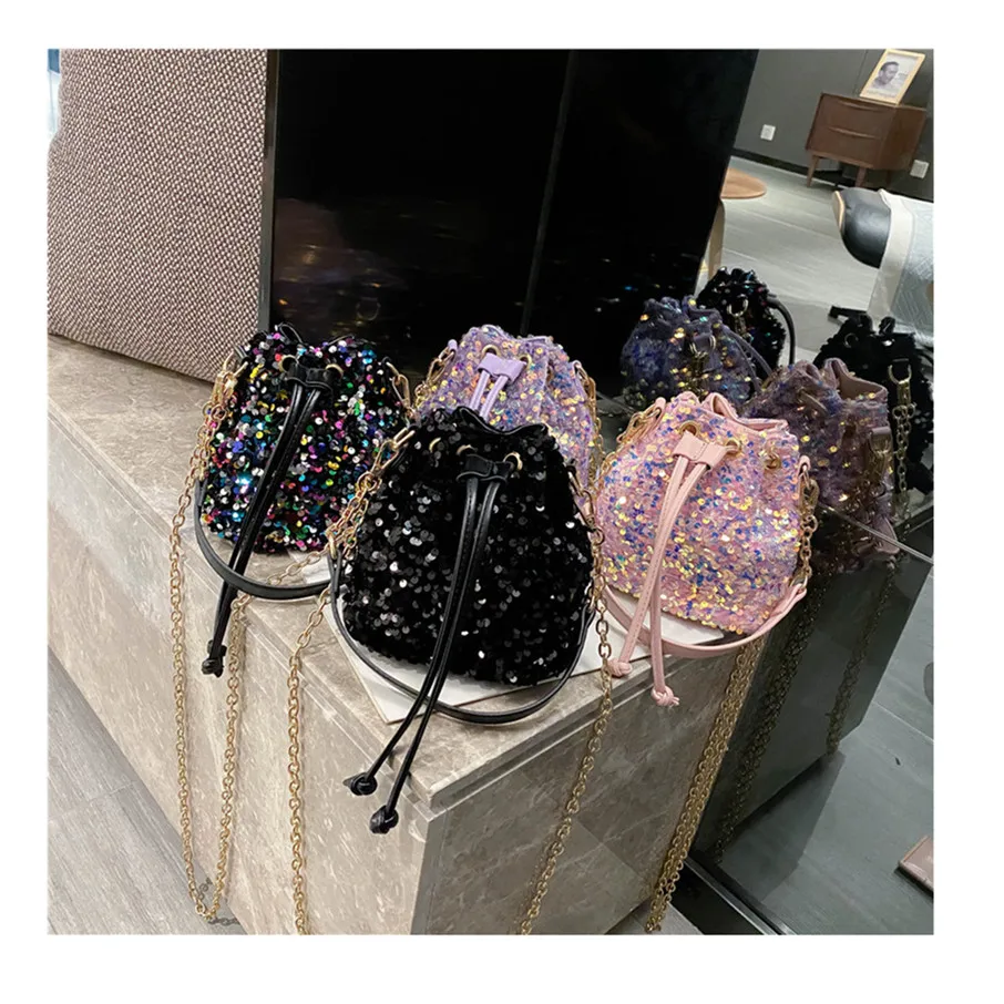 

Women Fashion Sequin drawstring Chain Shoulder handBag Simple Pumping Mini Bling Bucket Purses ladies, As the picture shown