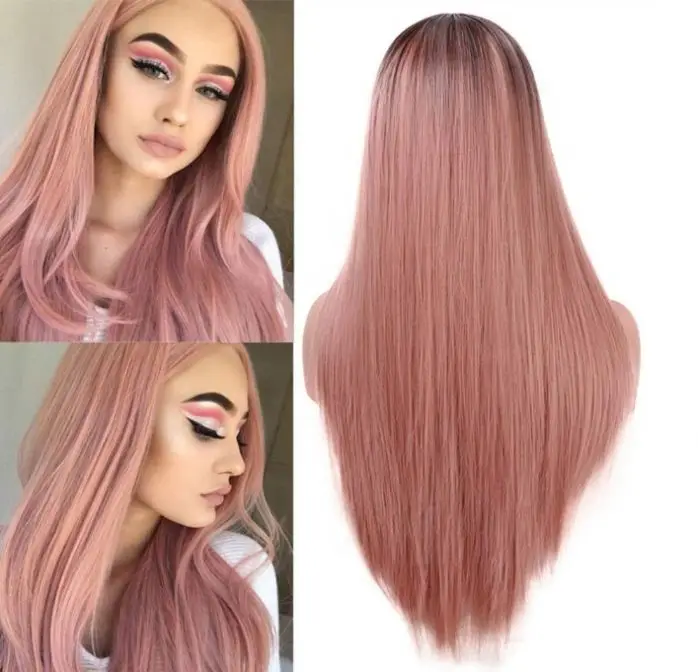 

New Arrival Lotus Root Pink Bleached Long Straight Hair Wig Synthetic Fiber Ladies Wig, Pics