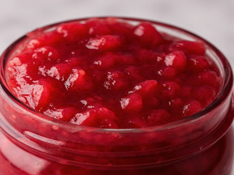 Close-up of vibrant red cranberry sauce in glass jar